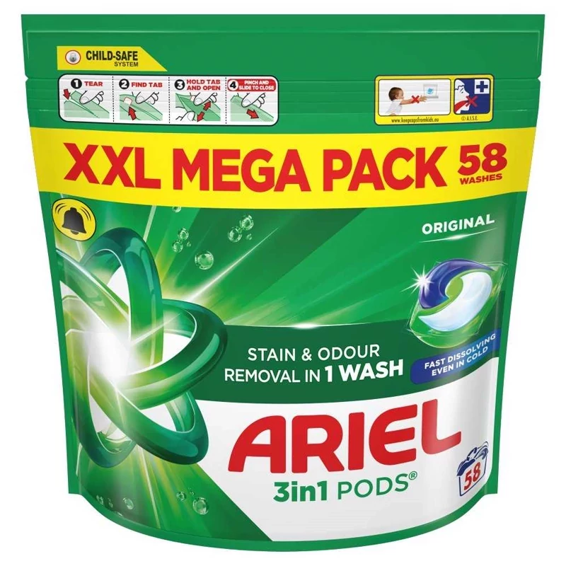 قرص ماشین لباسشویی هلندی آریل Ariel 3-in-1 PODS All-in-1 Stain & Odour لکه گیر و بوگیر بسته 58 عددی