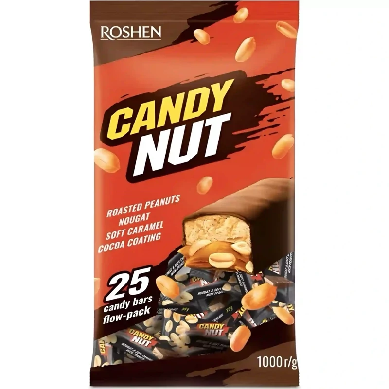شکلات پذیرایی کندی نات مشکی روشن Roshen مدل Candy Nut بزرگ با کرم کارامل و بادام زمینی بسته 1 کیلویی