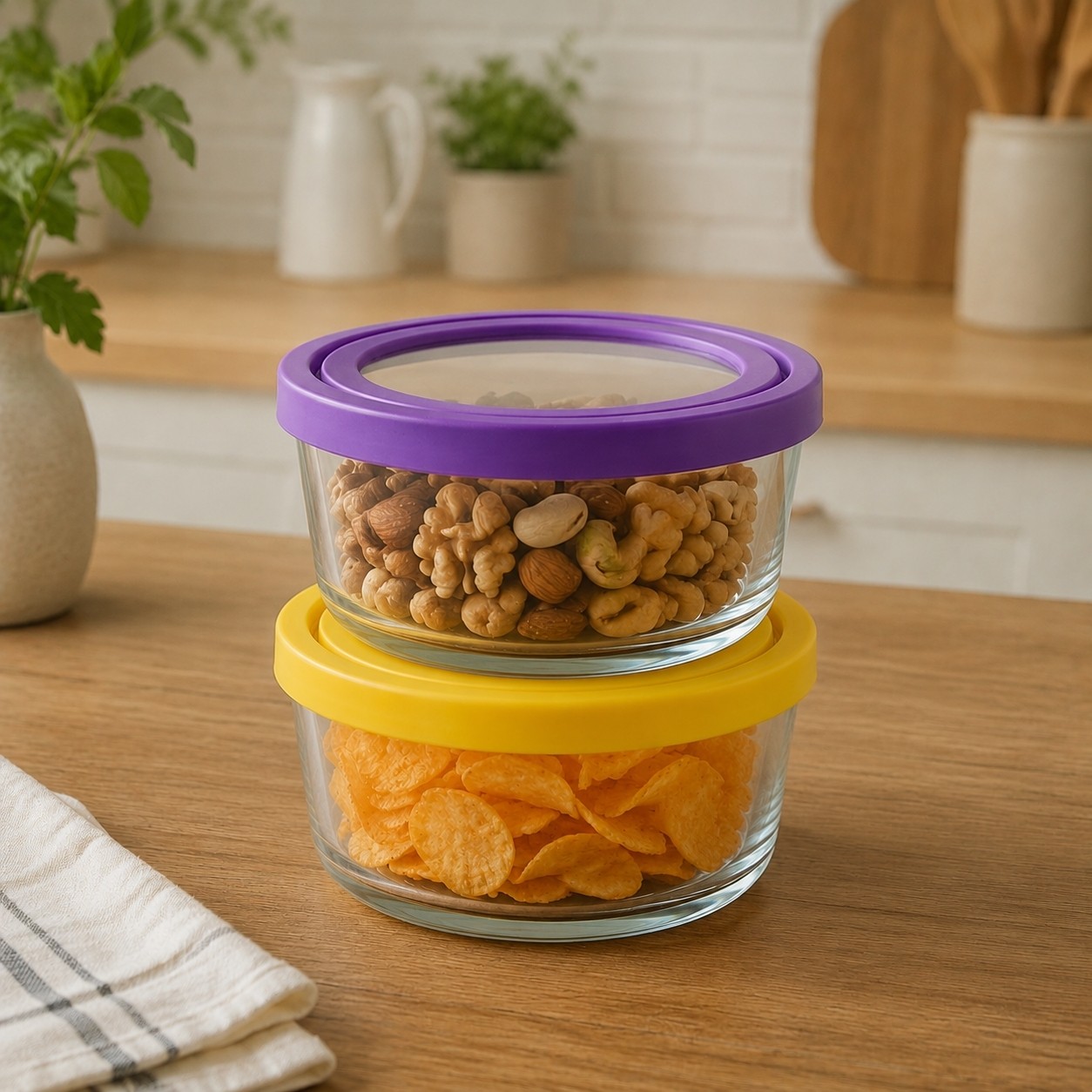 ظرف شیشه ای یخچالی کاسه شیشه ای درب دار درب سیلیکونی بسته 2عددی